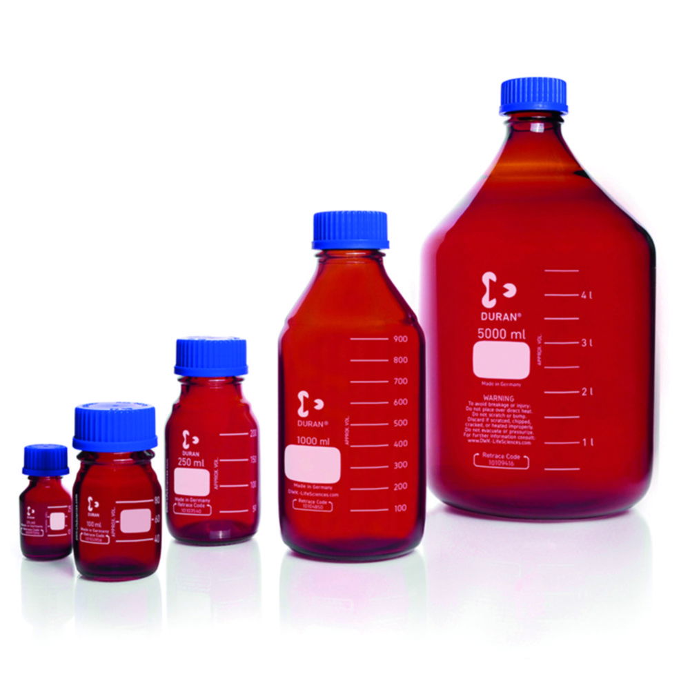 Laborflasche, DURAN® braun, mit Schraubverschluss und Ausgießring aus PP Laborflasche, DURAN® braun, mit Schraubverschluss und Ausgießring aus PP