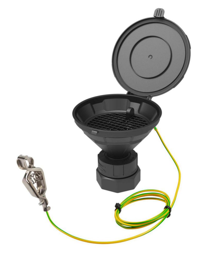 Safety funnels with hinged lid, V2.0, black, HDPE, electrostatic conductive Safety funnels with hinged lid, V2.0, black, HDPE, electrostatic conductive