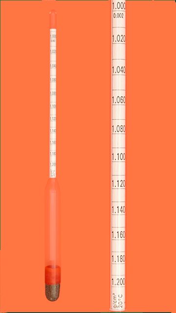 Dichte-Aräometer, 1,800-2,000:0,002g/cm³, Bezugstemp. 20°C, 280mm lang, ohne Thermometer