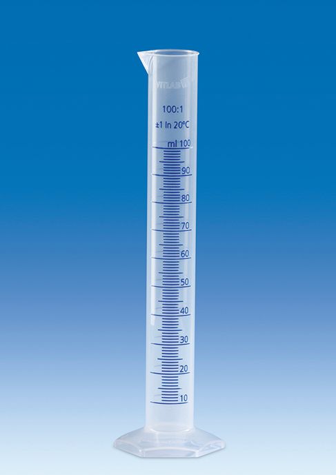 Messzylinder, PP, Klasse B, hohe Form, blaue erhabene Skala, 50 ml
