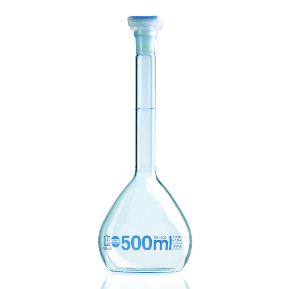 Volumetric flasks, boro 3.3, class A, blue graduations Volumetric flasks, boro 3.3, class A, blue graduations