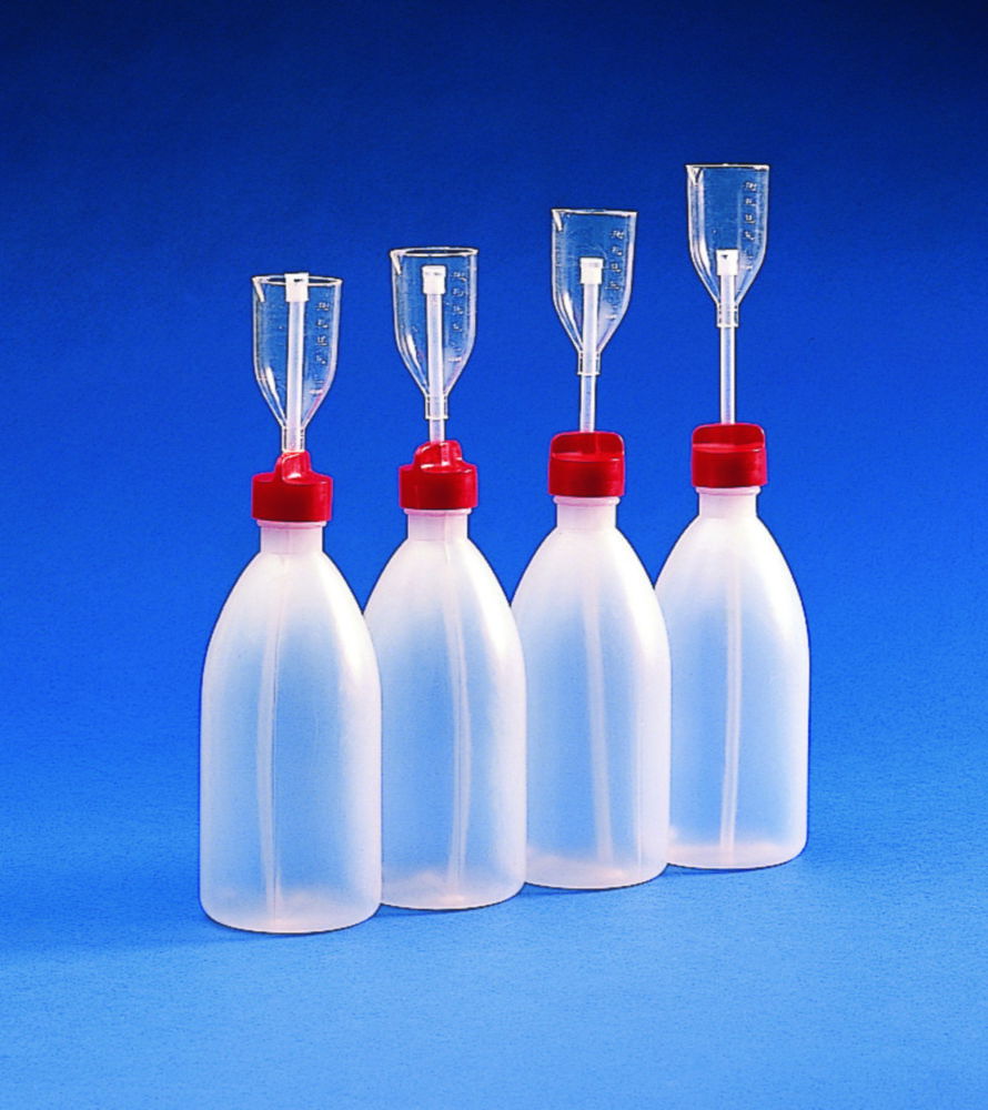 Dispensing bottles, PE, with graduated measuring cup Dispensing bottles, PE, with graduated measuring cup